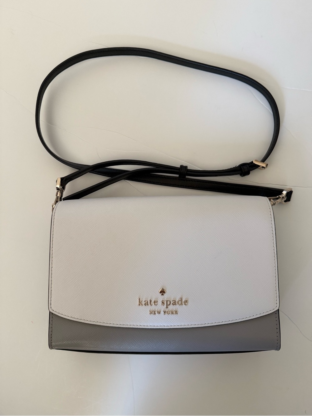 kate spade White and Gray Leather Crossbody with Black Strap